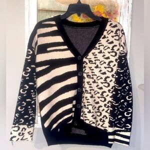 Women’s Button Up Cardigan Sweater Small Boho Black & Cream